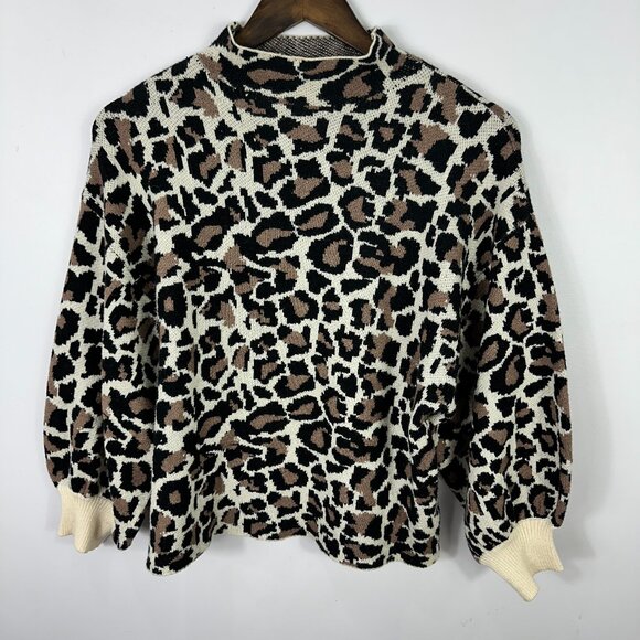 Line & Dot Leopard Sweater Women L Mock Neck Balloon Sleeve Animal Print Chic - Picture 1 of 7